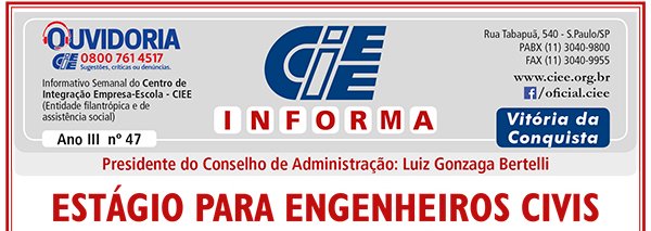CIEE anuncia estágio para engenheiros civis