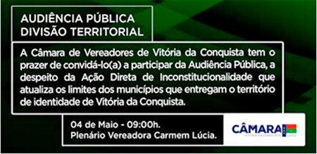 Câmara discute divisão territorial em Audiência Pública