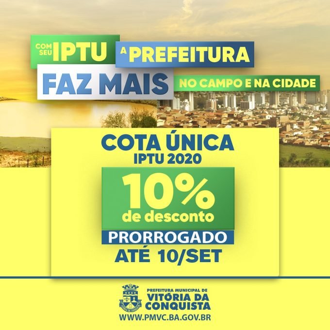 Contribuinte tem até 10 de setembro para pagar o IPTU 2020 à vista com desconto
