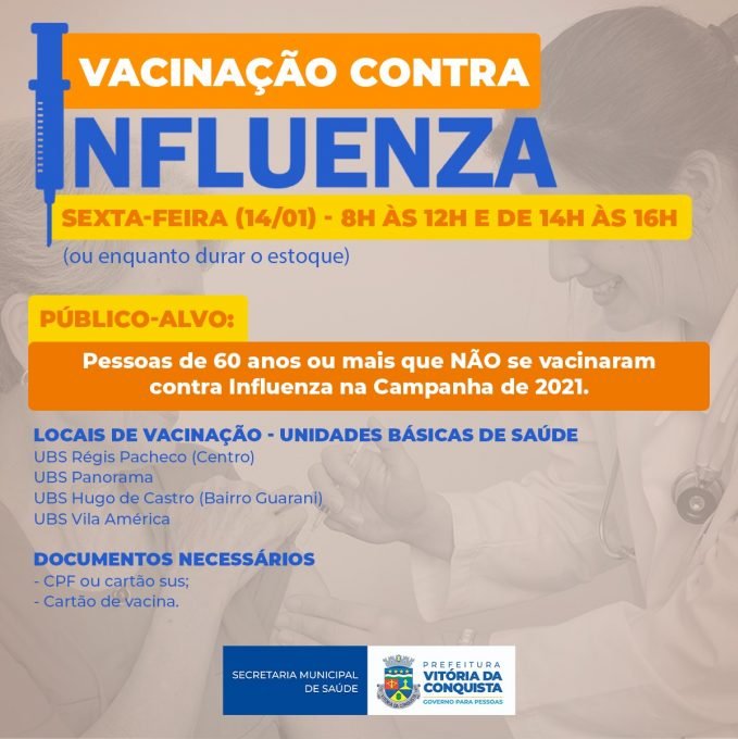 Vacina contra Influenza estará disponível em quatro unidades de saúde nesta sexta