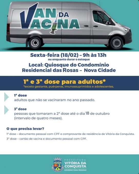 Adultos poderão se vacinar nas unidades de saúde e na Van da Vacina nesta sexta