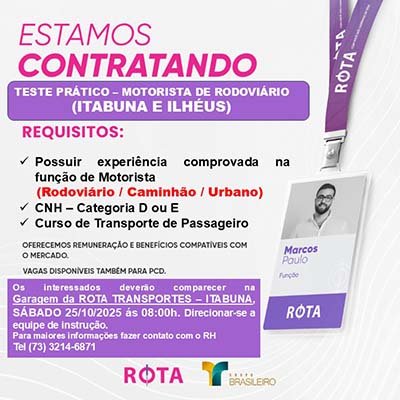 Rota abre mais 40 vagas para motoristas em Itabuna, Ilhéus e Vitória da Conquista